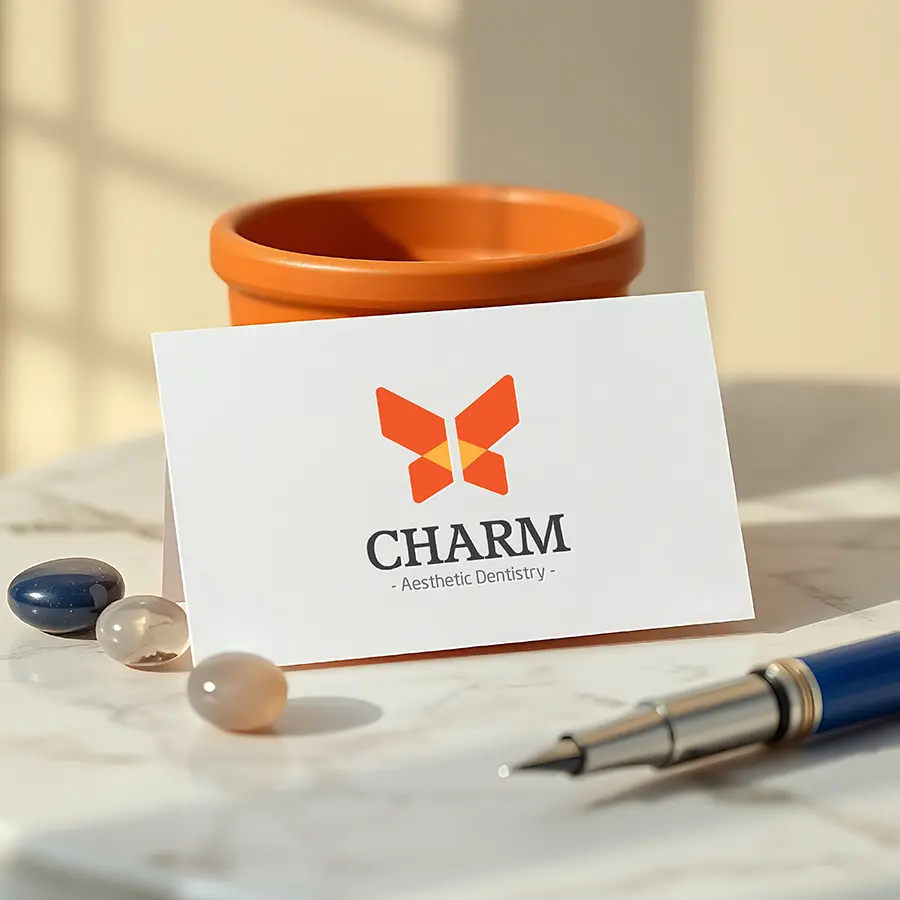 Charm aesthetic dentistry logo on business card presented on a simple card surface highlighting clarity contrast and legibility