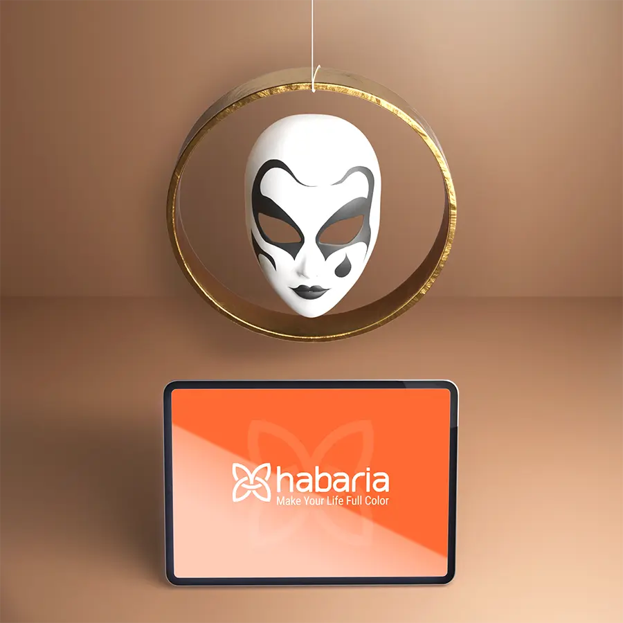 Cosmetic logo design Habaria presented in a digital mockup showing brand identity on a modern screen display