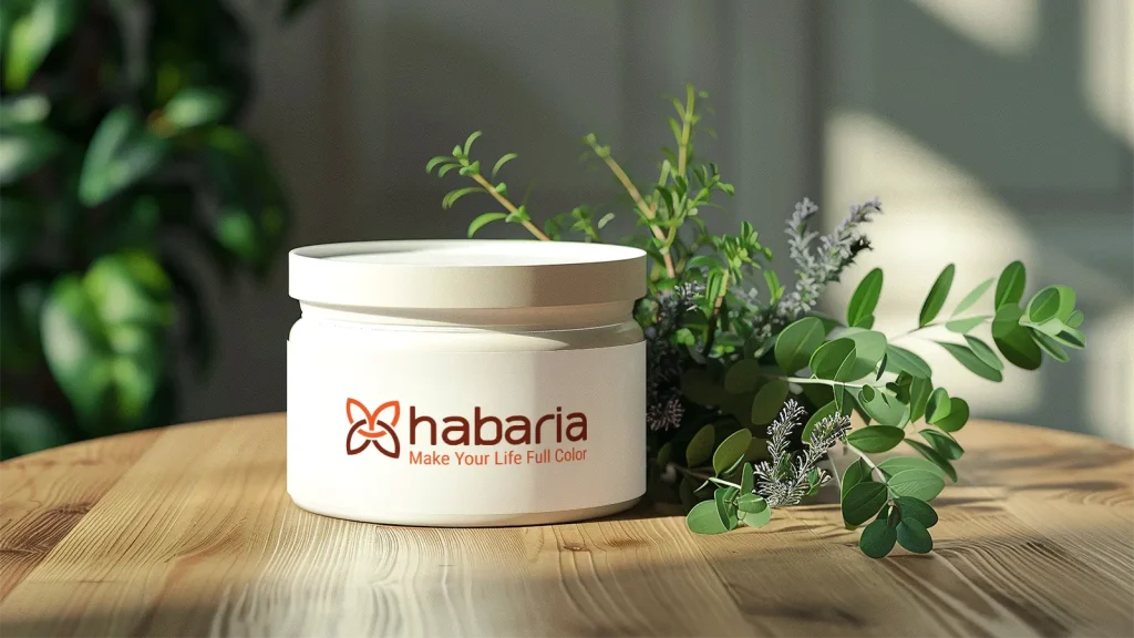 Cosmetic logo design Habaria applied on cosmetic packaging mockup with a natural and elegant beauty concept