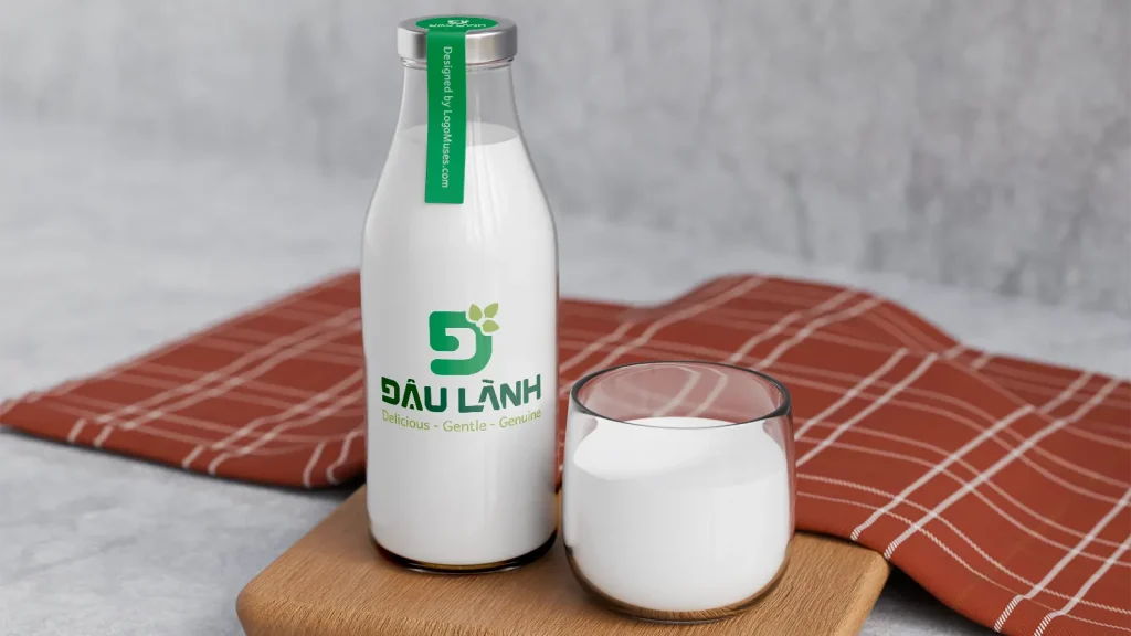 Drink Logo Design applied on a soy milk bottle featuring the Đậu Lành brand logo