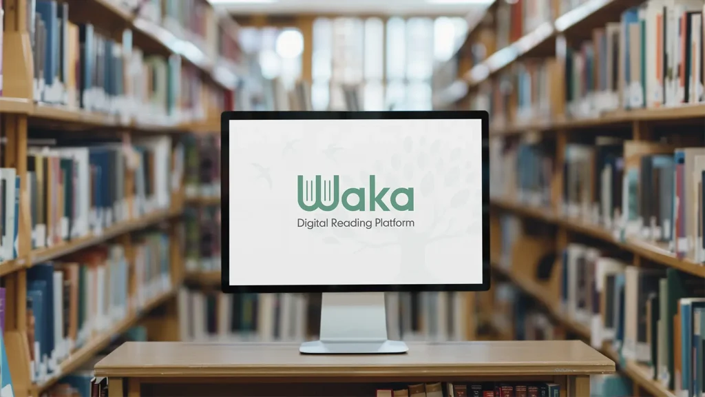Logo Design for Digital Publishing Platform with the Waka logo centered on a screen