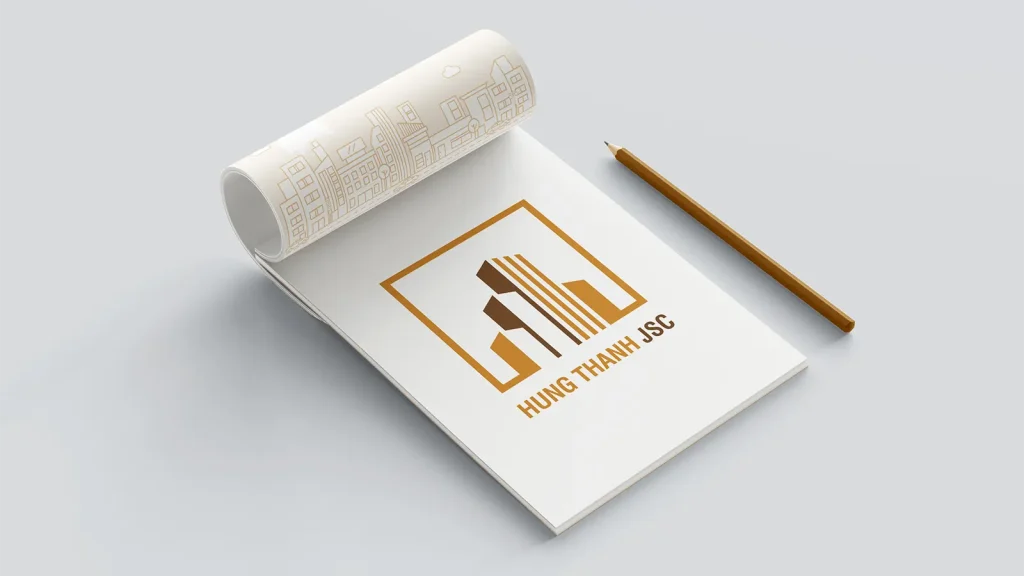 Real estate logo design for Hung Thanh presented on a sketchbook layout highlighting clarity structure and professional brand identity