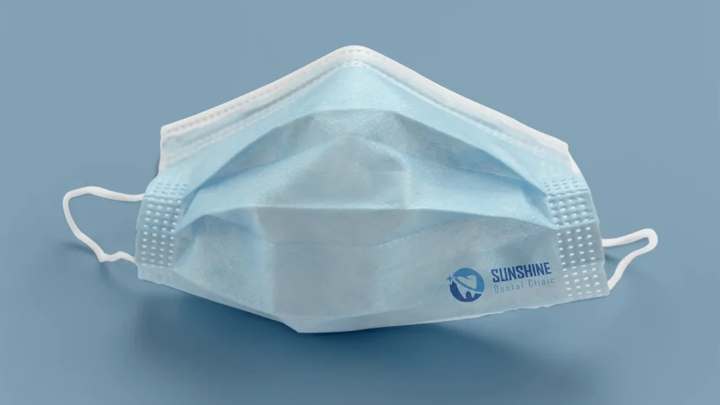Sunshine Dental Clinic logo displayed on a medical face mask