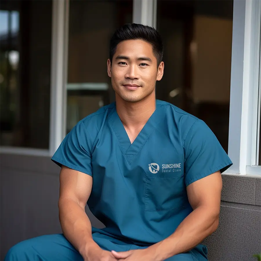 Sunshine Dental Clinic logo featured on a dental professional uniform