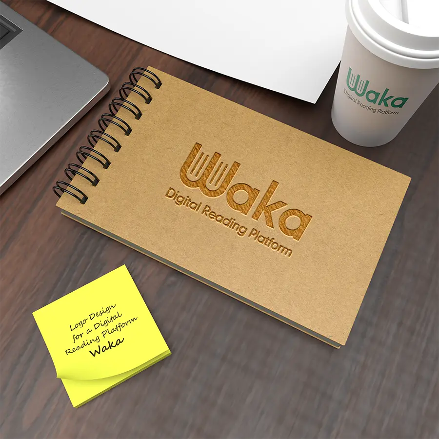 Waka logo shown on a notebook cover with a clean layout and subtle depth effect