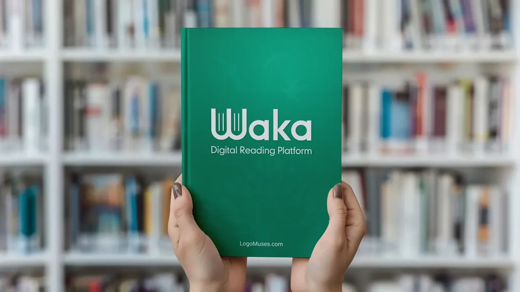 Waka logo centered on a green book cover held in front of library shelves